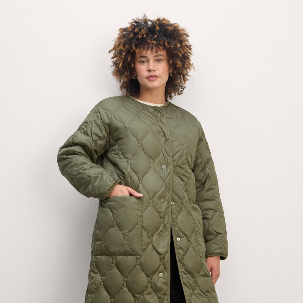 Everlane Women's Long Quilted Liner in Olive, Size Extra Large